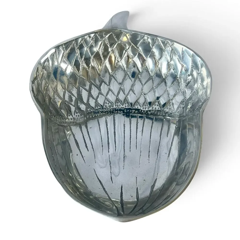 Large Metal Acorn Serving Bowl 11x9”SilverTone Fall Thanksgiving Decor Catchall
